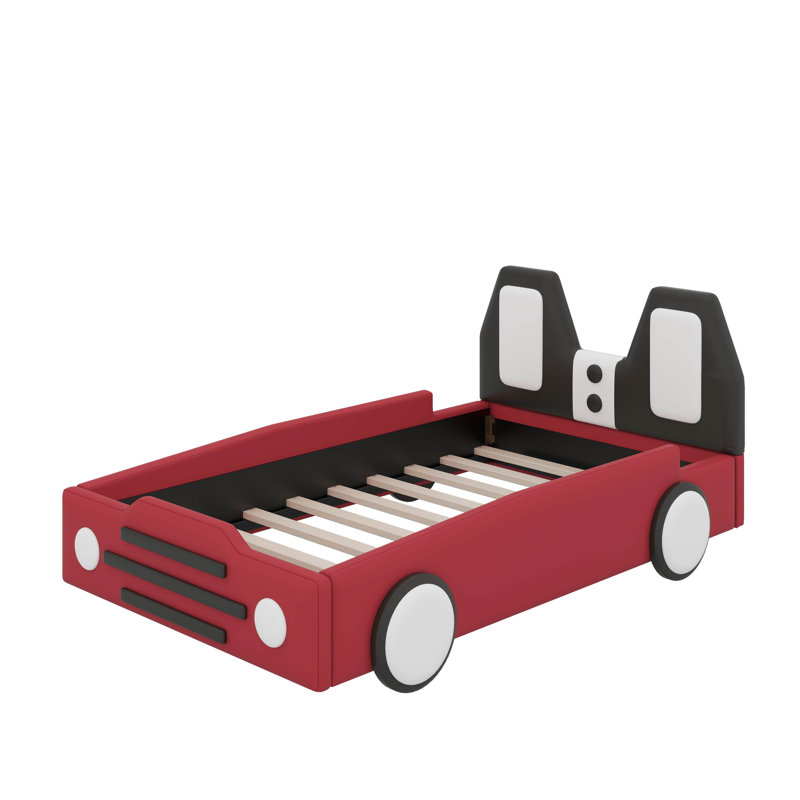 Twin Race Car-Shaped Platform Bed With Wheels, Red