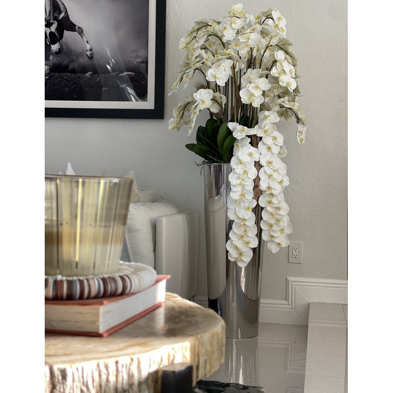 Cascading White Phalaenopsis Orchids In Tapered Hammered Cone Planter, Silver