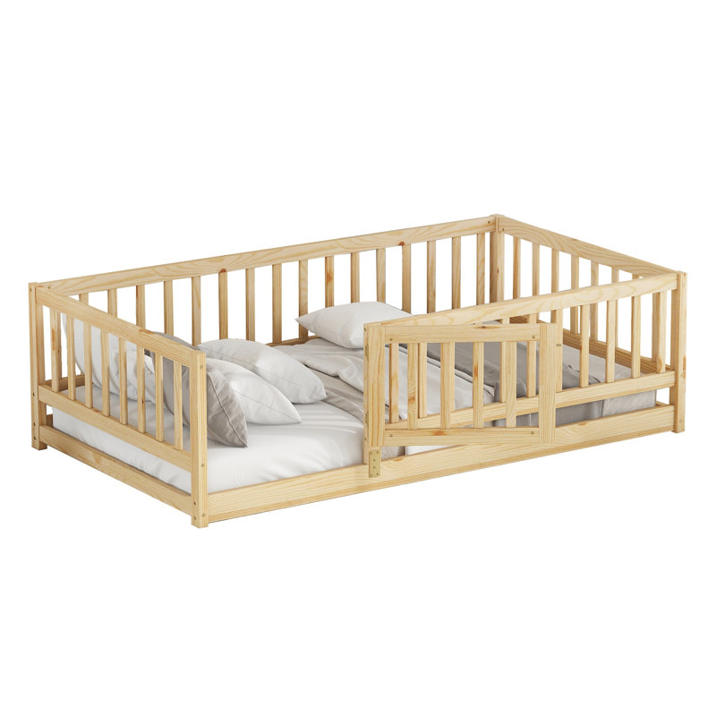Lit de sol avec barrière de sécurité et porte Montessori, Lit simple, Brun