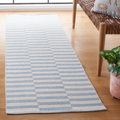 Ilona Striped Hand-Woven Flatweave Cotton Area Rug in Ivory/Light Blue