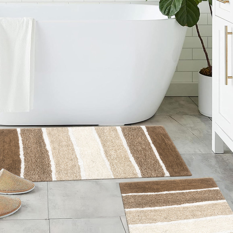 Ensemble de 2 tapis de bain à rayures antidérapants 100% coton Cervantes, Moka, 21 po x 34 po / 17 po x 24 po