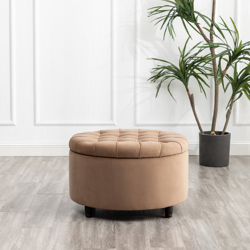 Upholstered Ottoman, Brown Velvet, Brown Wood