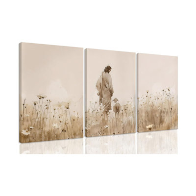 Jesus Christian Canvas Wall Art,Jesus Leaves The 99 Sheep Pictures Painting Set Of 3 Lost Lamb Posters Christ Shepherd Artwork Religious Wall Decor For Living Room Bedroom 16X24 Framed