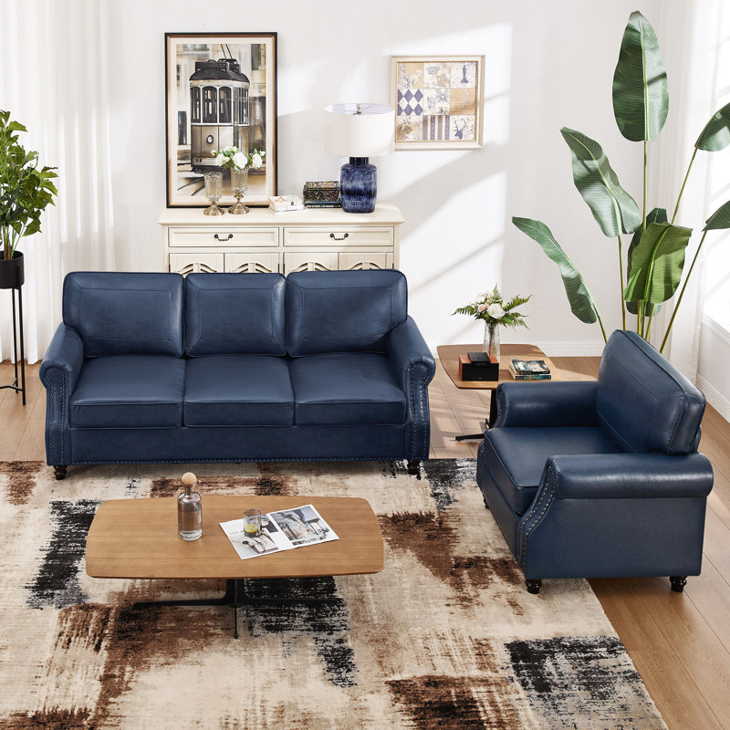 Ensemble de salon 2 pièces avec canapé en similicuir et fauteuil, Bleu, 2 pièces: chaise, canapé