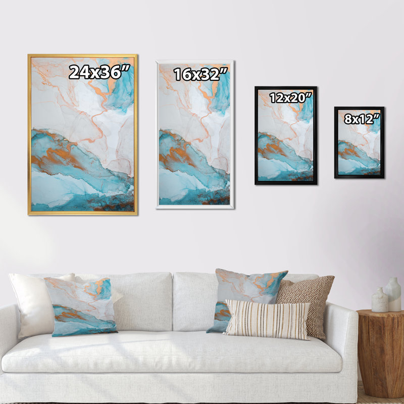 Luxe or turquoise marbré débit II - peinture, H 12 po x l 8 po x P 1 po, Cadre flottant brun