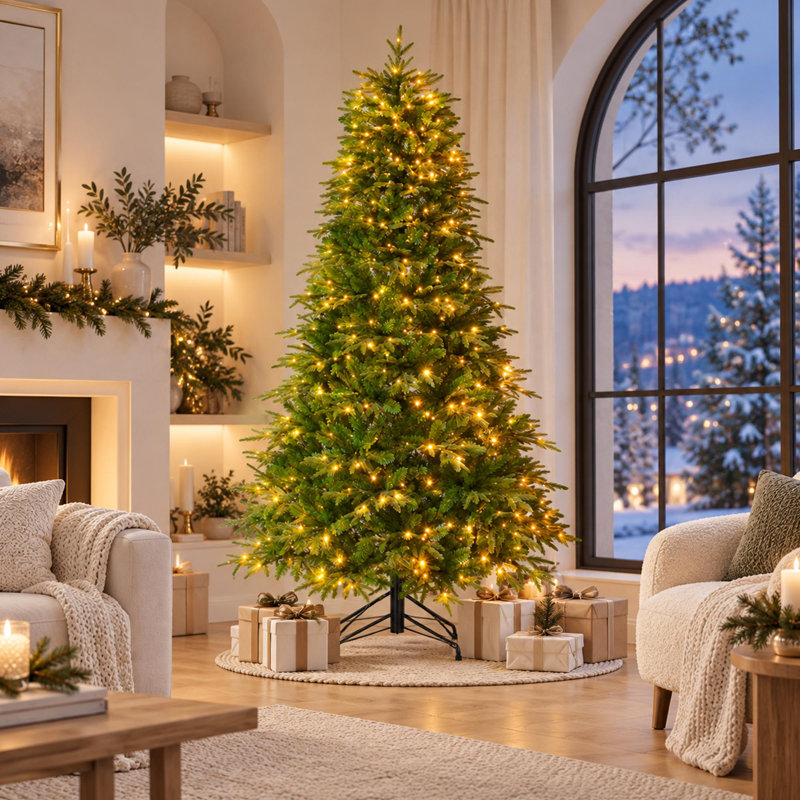 Sapin de Noël floqué de 2,3 m avec lumières DEL bicolores et support en métal