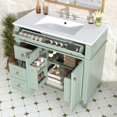 Meuble-lavabo de 36 po en bois massif avec lavabo, tiroir rabattable, 3 tiroirs et 2 portes à fermeture en douceur, poignées dorées et design moderne