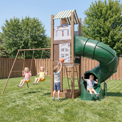 Ensemble de balançoire tout-en-un avec glissade à tube turbo pour enfants 3-10, ensemble de jeu extérieur en acier galvanisé robuste avec échelle d'escalade, bac à sable, cerceau