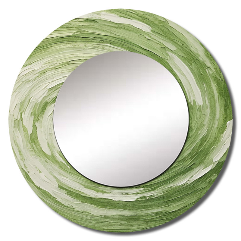Green Serene Spiral Dreams III - miroir décoratif à spirales abstraites, miroir mural rond moderne, impression d'art en métal