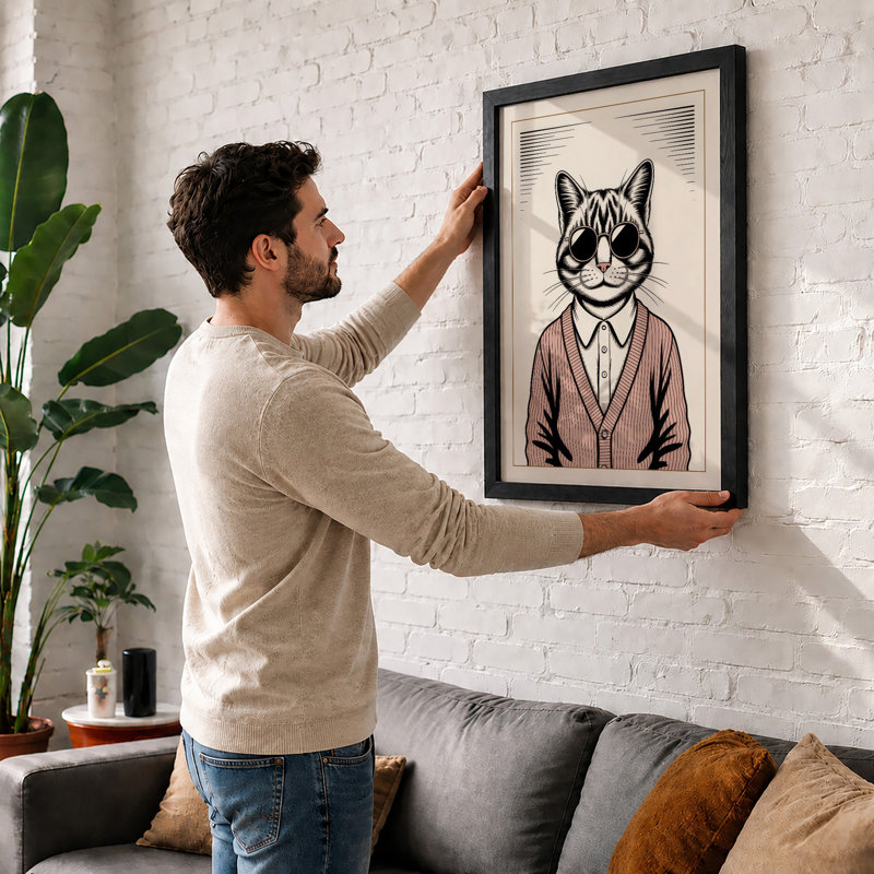 Cat in Cardigan Boho - Framed Print, A1 - 84.1 x 59.4 cm, Black