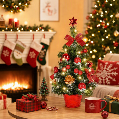 Sapin de Noël de table pré-illuminé de 45 cm (17,72 pouces), mini sapin artificiel avec décorations, pommes de pin, nœuds et étoile pour la maison, le bureau et les fêtes de fin d'année