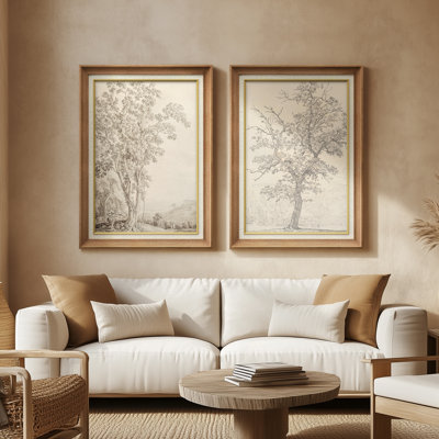 Detailed Tree Sketch Line Art Nature Drawing - Set of 2 Premium Framed Wall Art Print on Paper 26"x36"