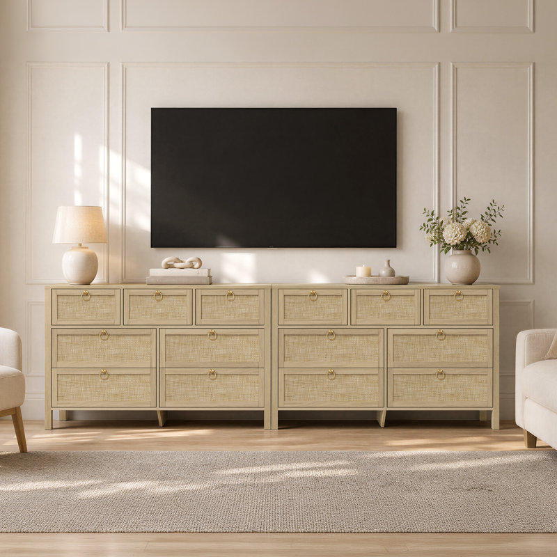 Commode Pomodoro 51 po L en rotin à 7 tiroirs avec poignées dorées, style bohème côtier, Greige Oak/Gold