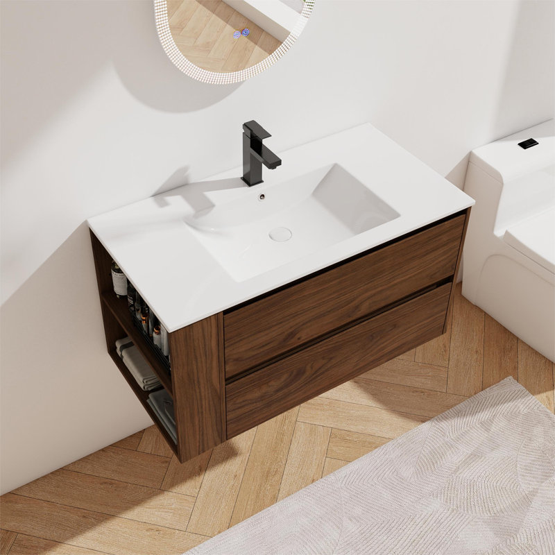 Meuble-lavabo mural simple 36 po avec plateau en résine Plemons, Chêne brun