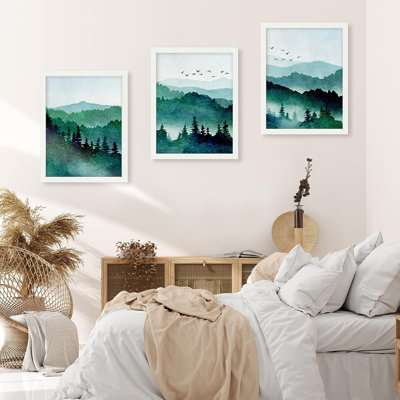 «Woodland Forest Landscape» IDÉE4WALL, art mural encadré vert forêt montagnarde, ensemble de 3 impressions murales aquarelle bleu sarcelle, décoration murale nature sauvage pour salon, chambre à coucher, 3 pièces