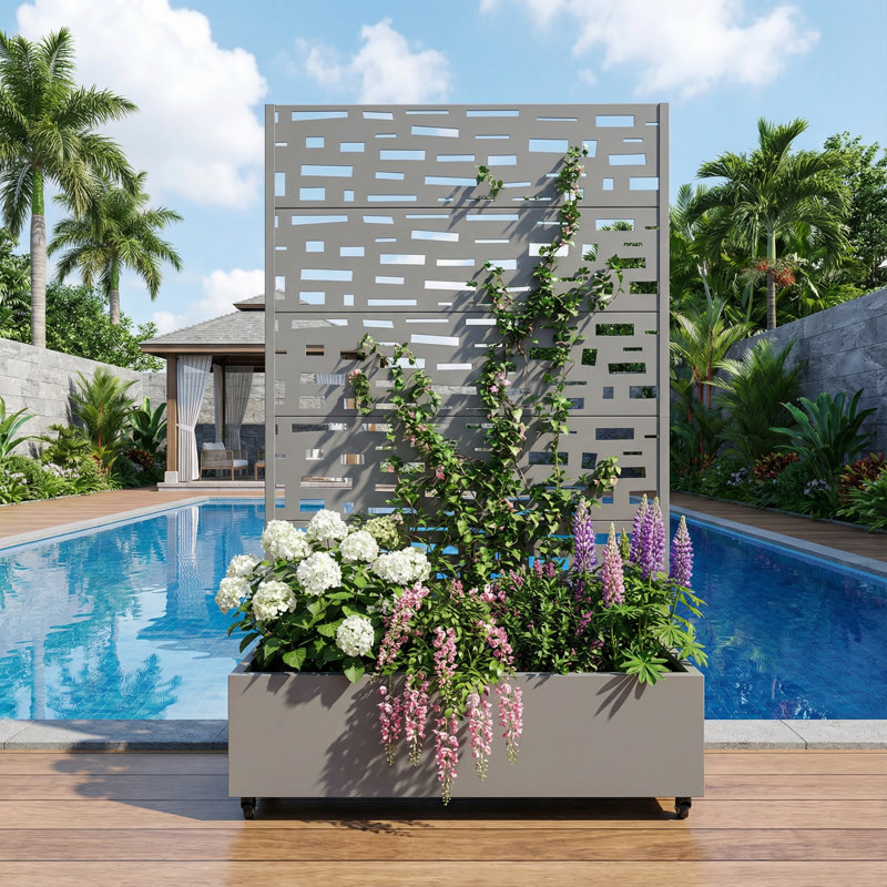 Metal Planter Box with Trellis with Wheels, 72" H x 47" W x 16" D, Grey