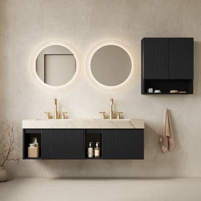EIDEN 60+TOBI 26 Combo Set,Floating Wall Mounted Bathroom Storage Vanity, Cream Gold Vein Sintered Stone Top, Ceramic Basin,3 Pre Drilled Faucet Holes,Faucet & Drain Excluded, Black Colour