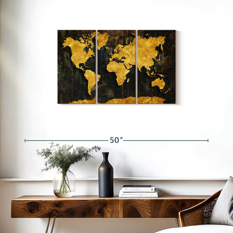 Carte du monde raffinée en or 3 pièces, H 20 po x l 33 po x P 1,25 po
