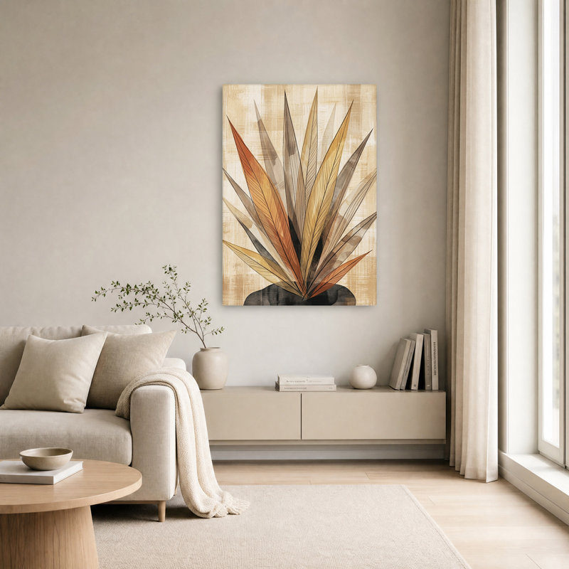 Tableau sur toile texturé avec motif de feuillage abstrait rouille et beige, H 18 po x l 12 po