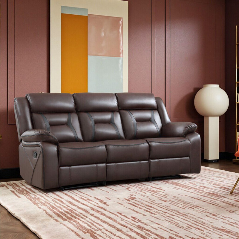 84.6'' Wide Vegan Leather Manual Reclining Sofa, 3-Seater Recliner Couch With Pillow Top Arm, Brown Faux Leather