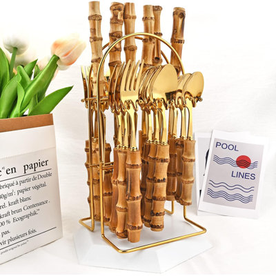 Ensemble de couverts 24 pièces à poignées en bambou, couverts en acier inoxydable avec miroir et support de rangement, service pour 6