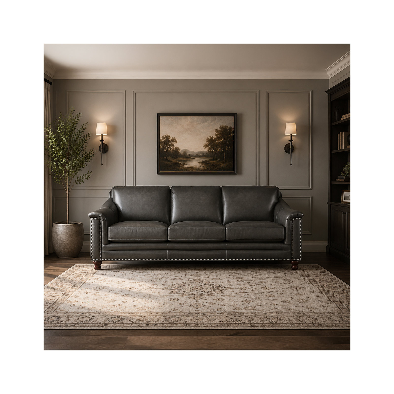 Alpert 91.5'' Genuine Leather Sofa, Ash Gray Genuine Leather