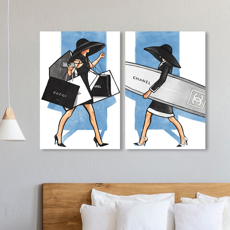 Fashion Girl " Fashion Girl Walk Set, Surfboard, And Shop Bags Modern Blue " by Oliver Gal 2 - Pieces, 36" H x 48" W x 1.5" D