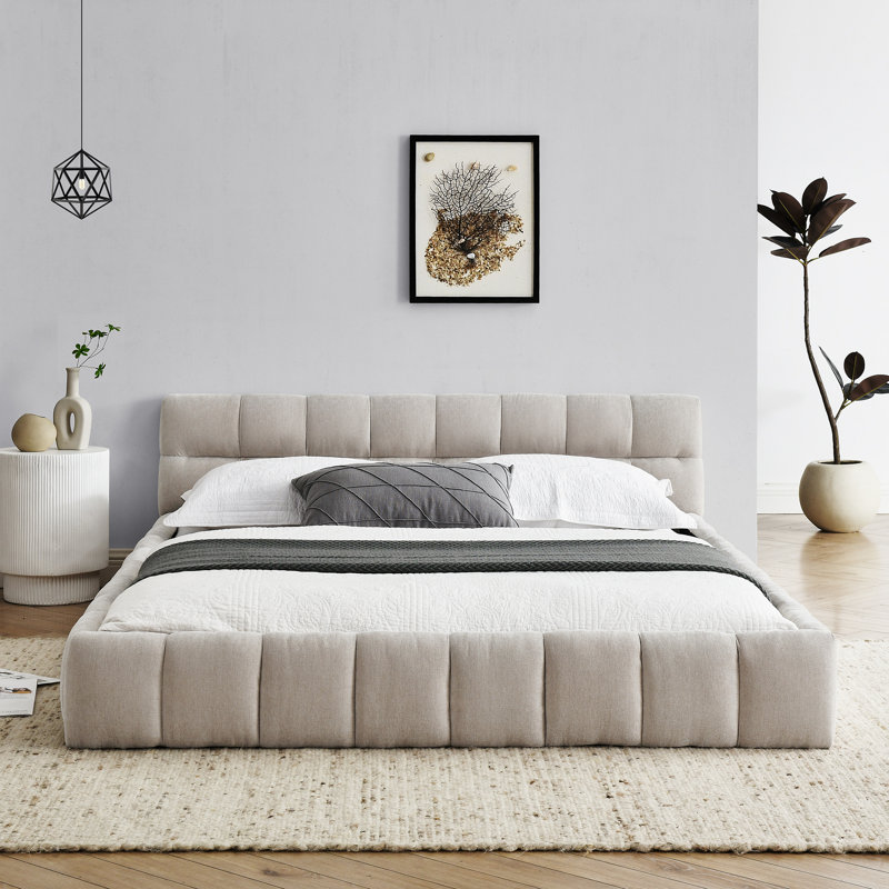 Grand cadre de lit tapissier grand avec tissu épais, lit plateforme grand format en chenille avec tête de lit et structure solide. Aucun sommier tapissier requis