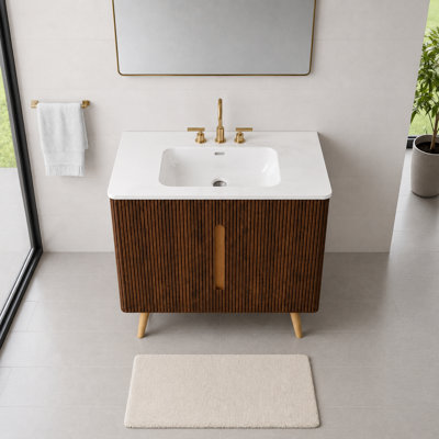 Meuble-lavabo autoportant en noyer rayé 36 po avec lavabo en céramique blanc Carrara, trois trous de robinet, grande armoire de rangement, KD