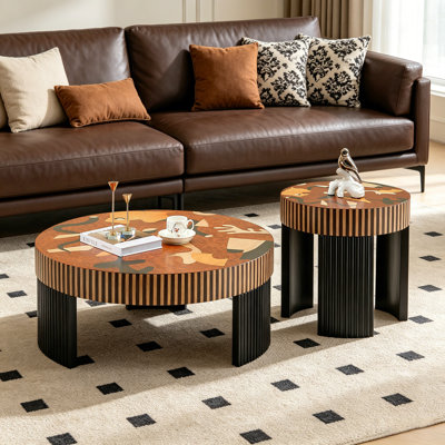 Ensemble de tables basses rondes Mid-Century avec plateau en placage de bois mosaïque
