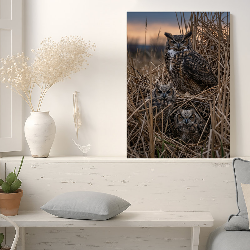 «Great Horned Owls in Tall Dry Grass at Twilight», art mural sur toile, 18"H x 12"W