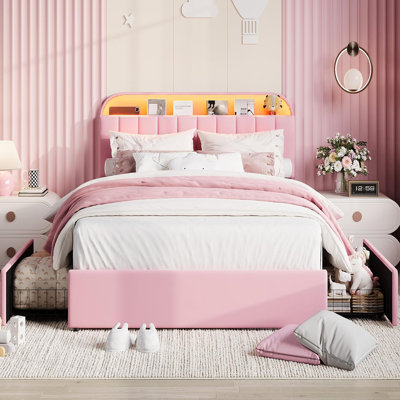 Structure de lit pour grand lit tapissier avec 2 tiroirs et lumières DEL - Lit plateforme en velours avec tête de lit avec rangement, silencieux et facile à assembler pour les enfants et les filles, rose