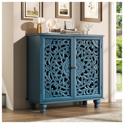 Armoire de rangement avec portes, armoire d'appoint avec plateau en noyer et pieds en bois massif, buffet vieilli avec tablette réglable pour la cuisine, le vestibule, le salon, la chambre à coucher, bleu