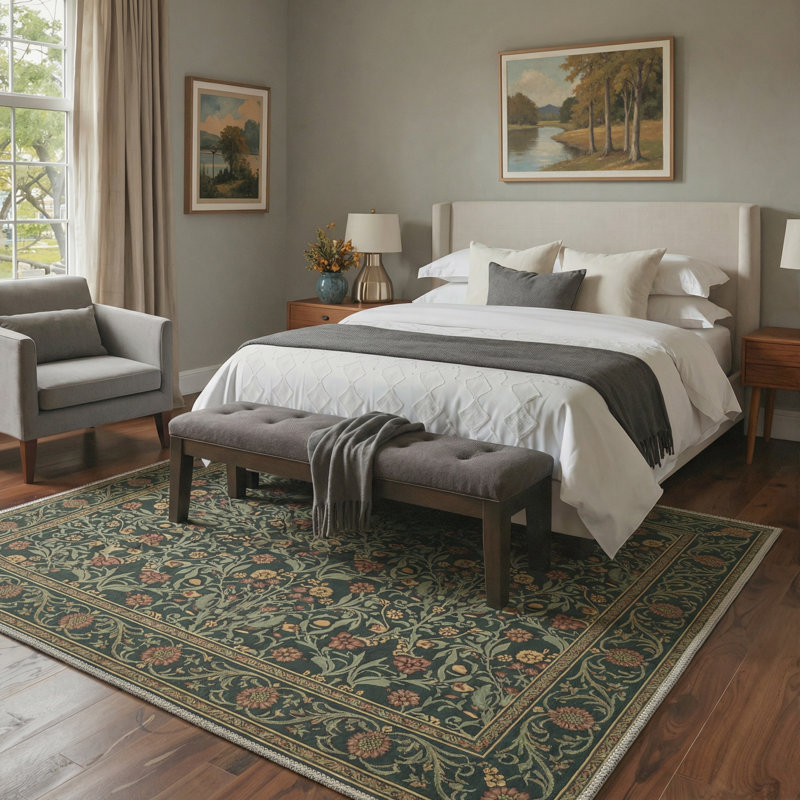 Vineyard Floral Vines Machine Washable Sage Indoor Area Rug With Non-Slip Backing, Rectangle 5' x 7'