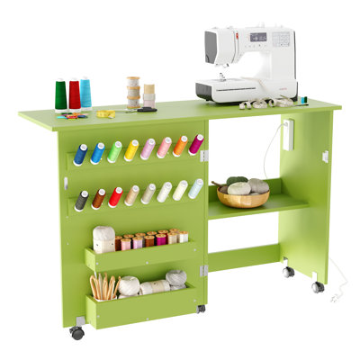Table de machine à coudre pliable avec station de charge, roues verrouillables, plateaux de rangement, tablette et verrous magnétiques