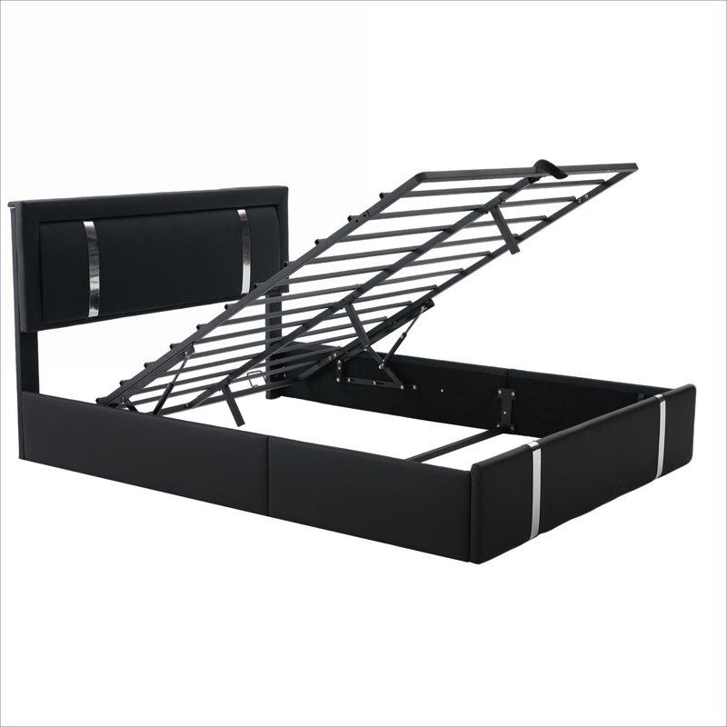 Base de lit plateforme pleine grandeur en similicuir rembourré et noir avec rangement relevable pour chambre principale et chambre d'amis moderne