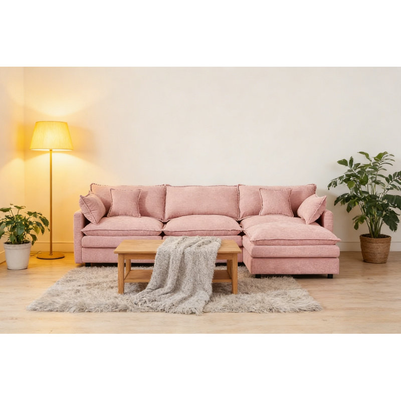 102" Modular L-Shaped Sectional Sofa, 3-Seater Cloud Couch With Ottoman, Pink
