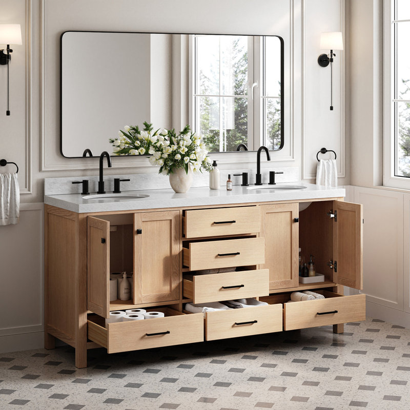 Cambridge Double Bathroom Vanity with Carrara Marble Top, Oak