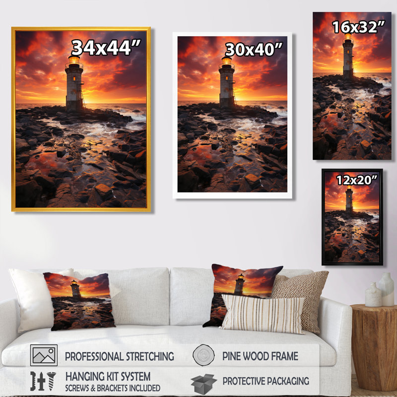 Phare sur le rocher essaim rouge océan coucher de soleil - art mural phares, Toile tendue, H 40 po x l 30 po x P 1,5 po