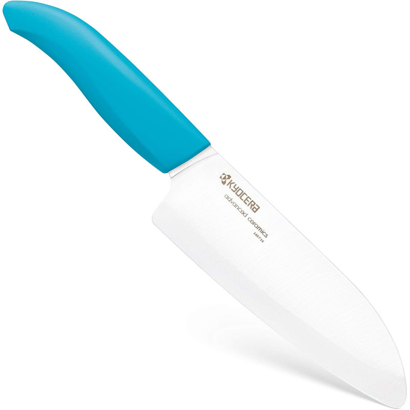 Kyocera’s Revolution Series 5.5” Ceramic Santoku Knife, Chef Knife For Your Cooking Needs, Handle, White Blade, Blue