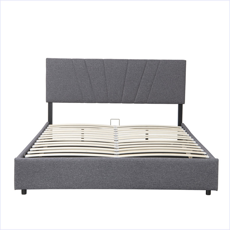 Lit plateforme tapissier avec rangement relevable, Gris, Grand lit