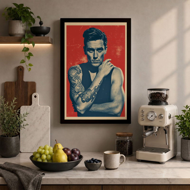 Tattooed Portrait, Red Ground Retro - Wrapped Canvas, 18x12 - 45.7 x 30.5 cm, White Border