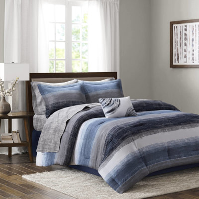 Édredon 9 pièces pour grand lit à rayures en microfibre à imprimé aquarelle bleu marine Jupe de taie décorative assortie avec coussin décoratif