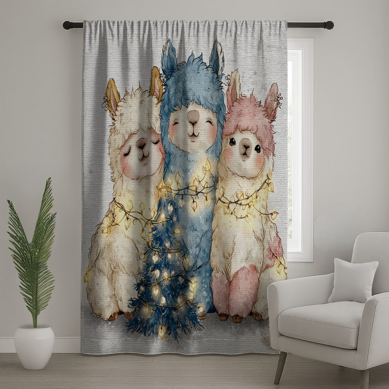 Lamas avec lumières de Noël, rideaux transparents et occultant pour animaux - 1 panneau, Blocage, 50 po x 80 po - 1 panneau