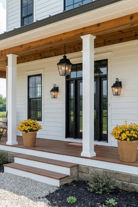 White farmhouse porch with black framed windows, a matching front door, outdoor wall sconces, a hanging lantern, and two woven planters filled with yellow flowers.