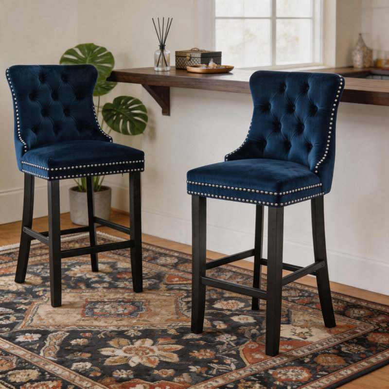  Velvet Kitchen Island Chairs Counter Height Barstools (Set of 2), Navy, Black