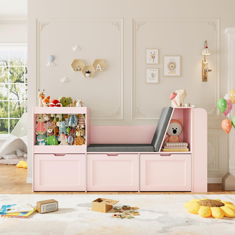 66.9''W Kid Bookshelf with Reading Nook, Toys Storage Organizer with Stuffed Animal Storage, Bench and Removable Cushions, Wooden Toddler Bookcases with 3 Movable Drawers for Playroom, Bedroom(Pink)