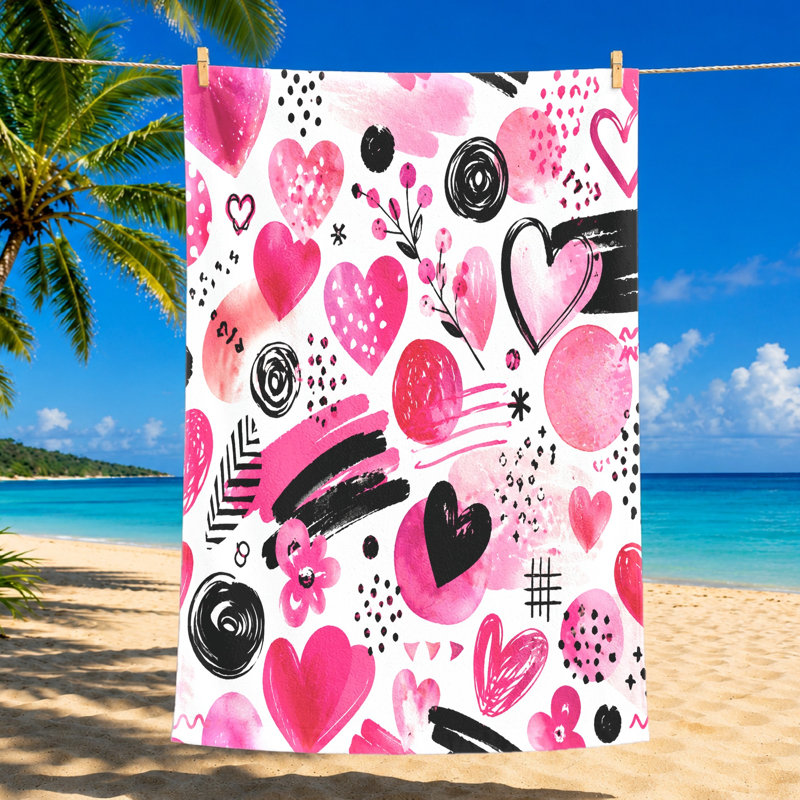 1Pcs Pink Heart Beach Towel, Abstract Watercolor Splatter and Brush Stroke Design, Large Microfiber for Swimming, Travel, Outdoor Activities, Artistic Cute