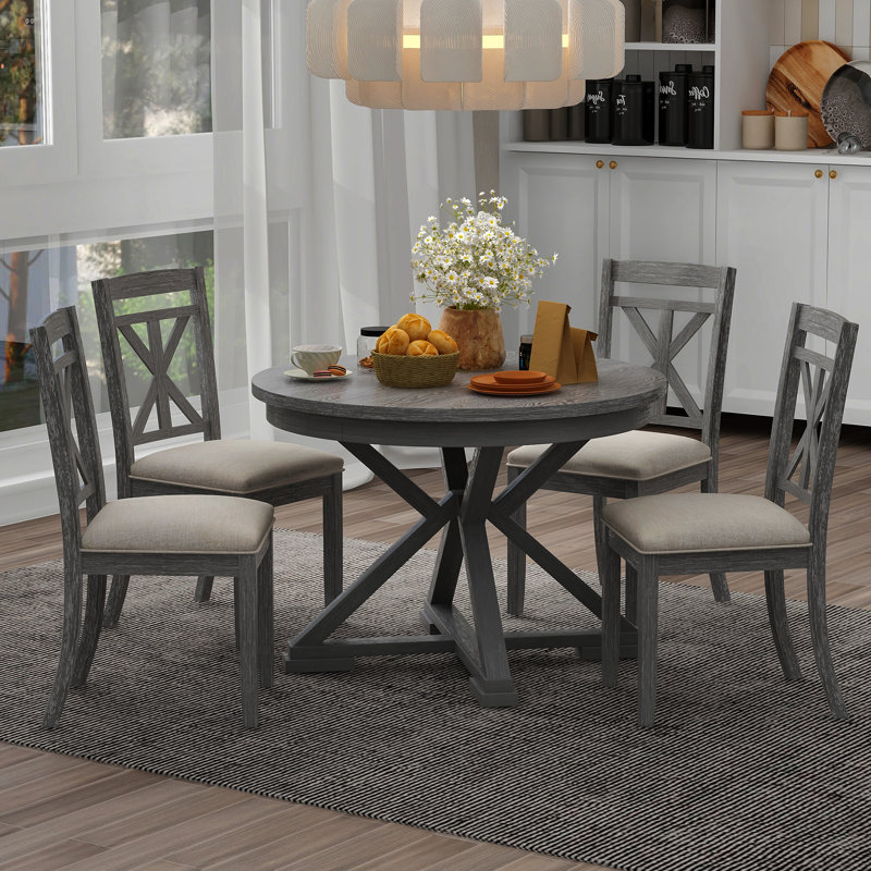 5 - Piece Extendable Dining Set, Round-To-Oval Expansion, Wood, X-Base Pedestal, Modern Farmhouse, Dining Room, Gray