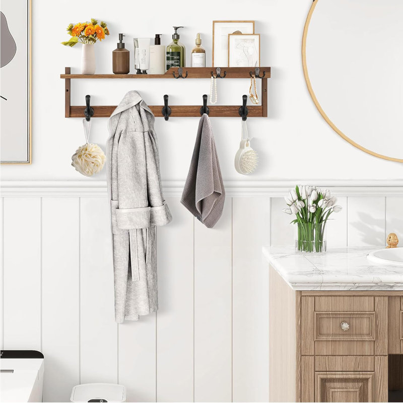 Wall Mounted Coat Rack With Shelf, Key Hooks And Mail Holder - Multi-Functional Entryway Organizer, Floating Shelf With Storage For Hats, Coats And Keys - Durable Solid Wood Construction